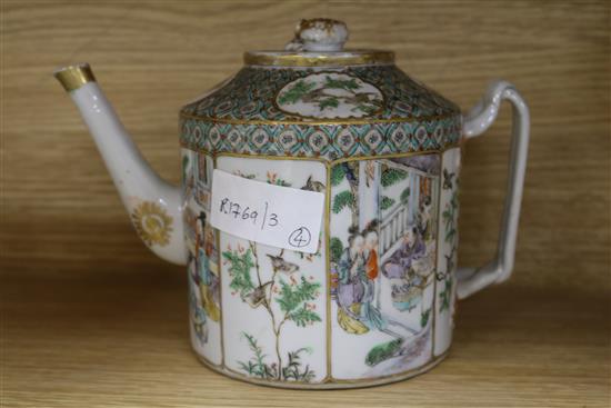 A Satsuma miniature teapot, 3.25in., a late 18th century Chinese famille verte teapot, a plate and a cup